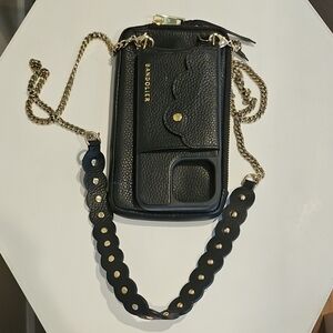 Bandolier Black Leather Crossbody Phone Case with Gold Chain and Scalloped Strap